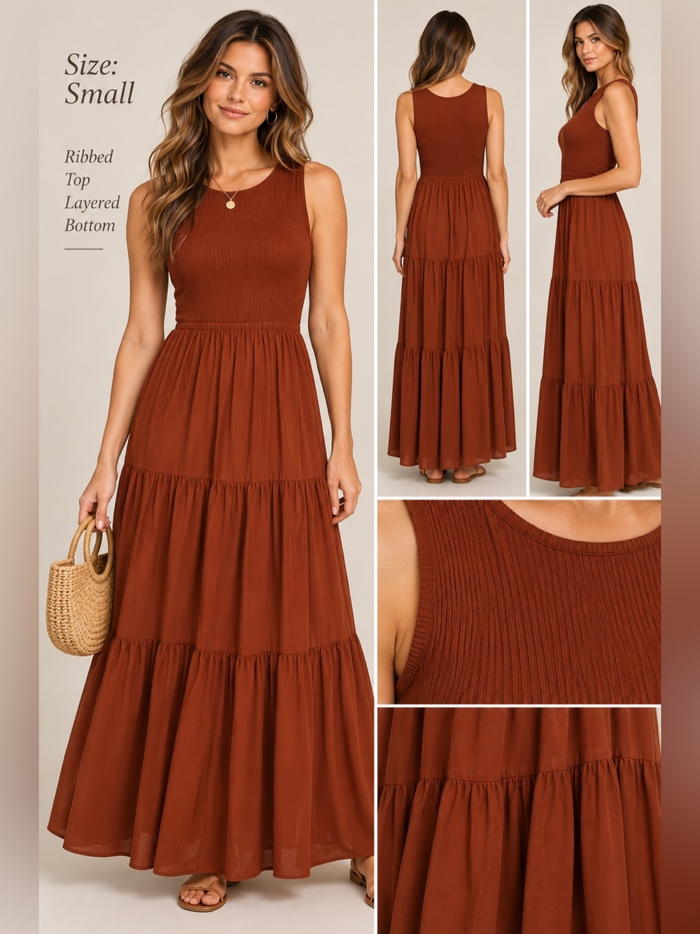 Rust Ribbed Top Tiered Maxi Dress NWT Small Sleeveless Boho